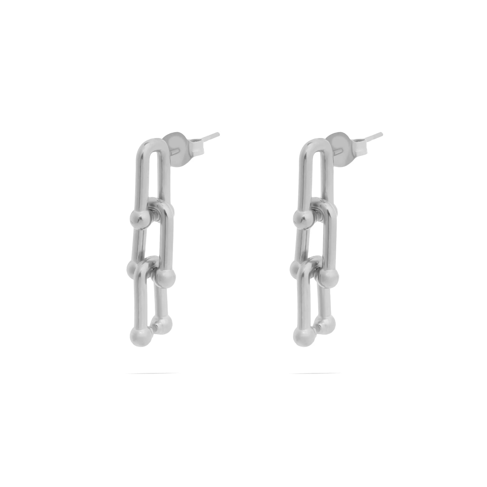 Pair of silver chain-link earrings on a white background