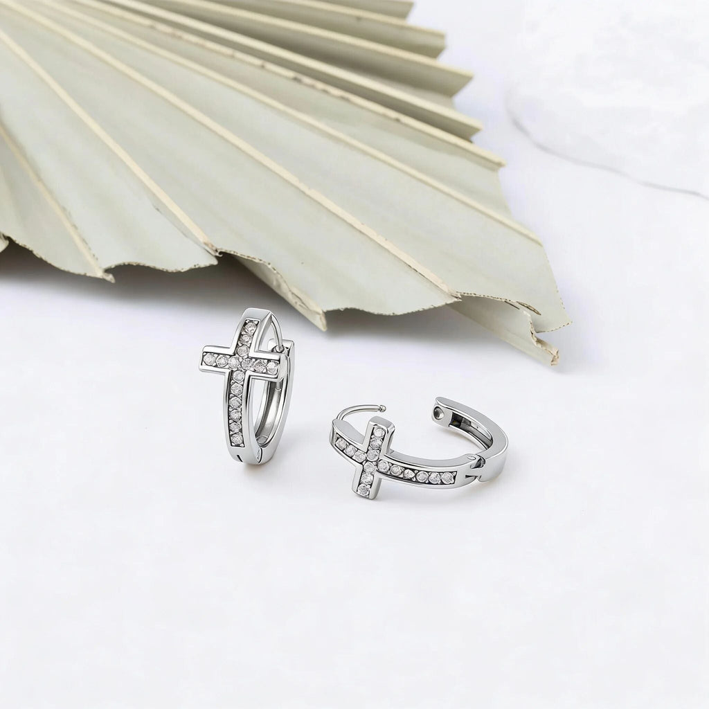 Gold Cross Huggie Earrings – 18K Gold Stainless Steel Stone Cross Design