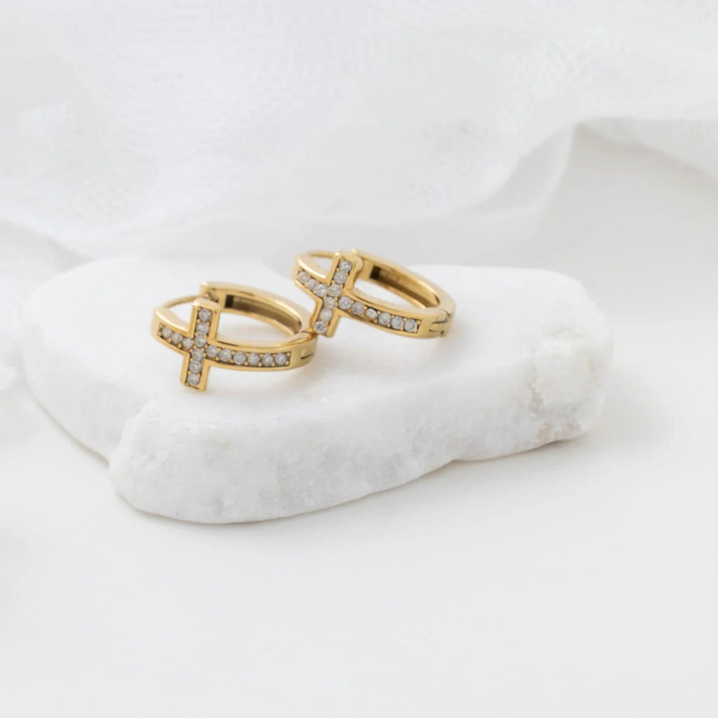 Gold Stone Cross Huggies Earrings