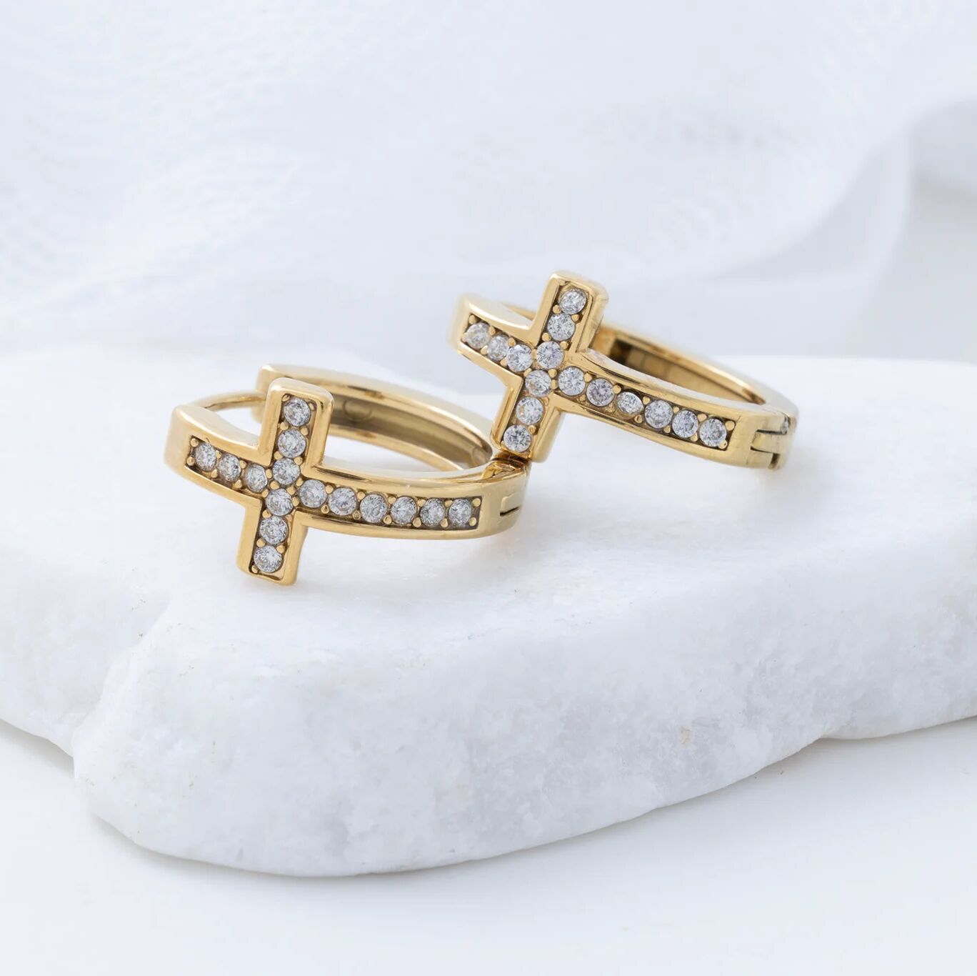 Gold Cross Huggie Earrings – 18K Gold Stainless Steel Stone Cross Design