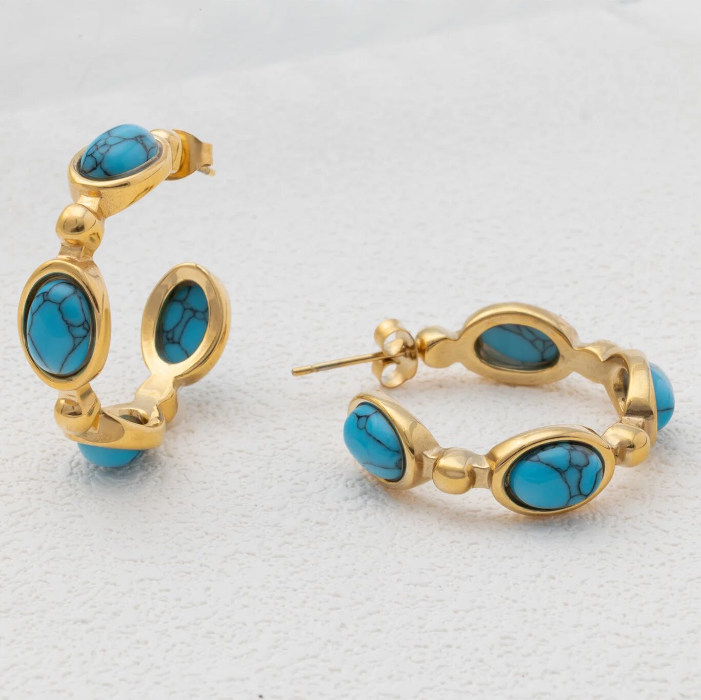 18K Gold PVD Stainless Steel Turquoise Stone Huggie Earrings- gold studio