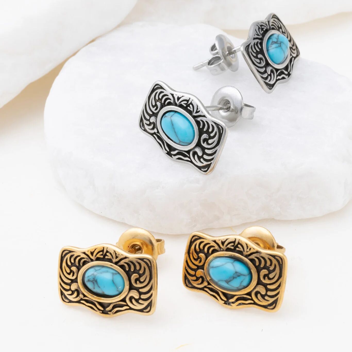 18K Gold PVD Stainless Steel Turquoise Stone Buckle Stud Earrings- gold and silver studio