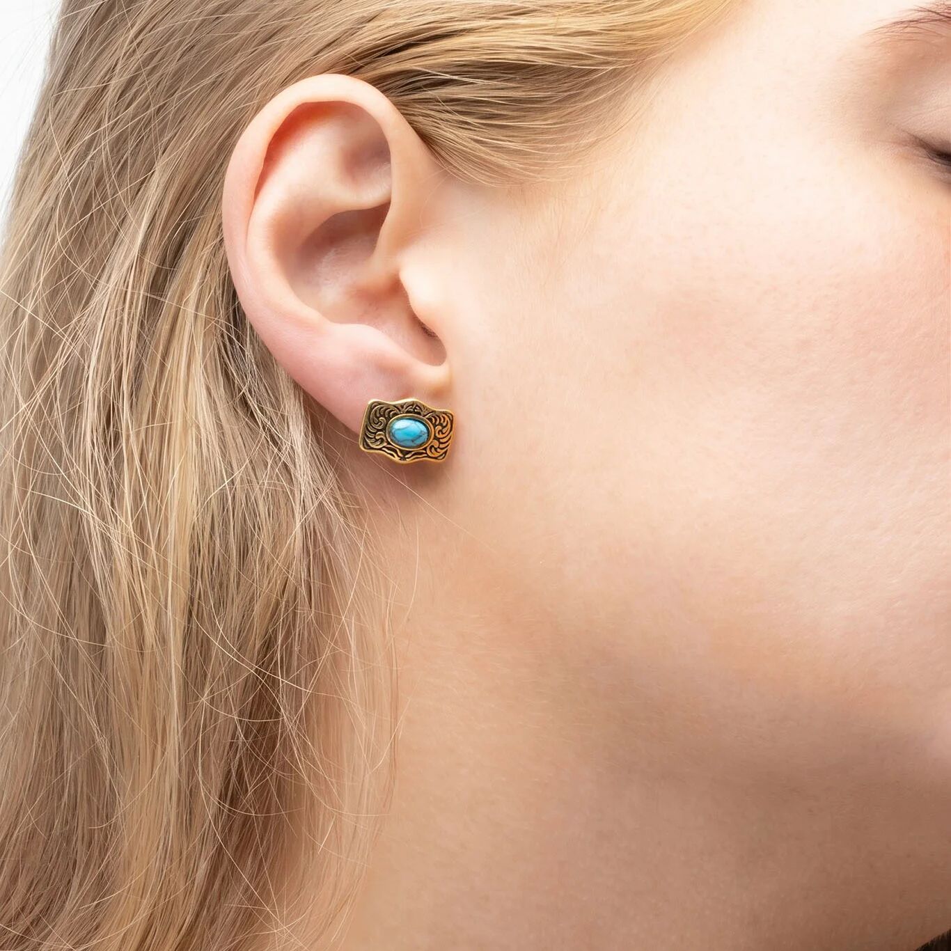18K Gold PVD Stainless Steel Turquoise Stone Buckle Stud Earrings- gold model