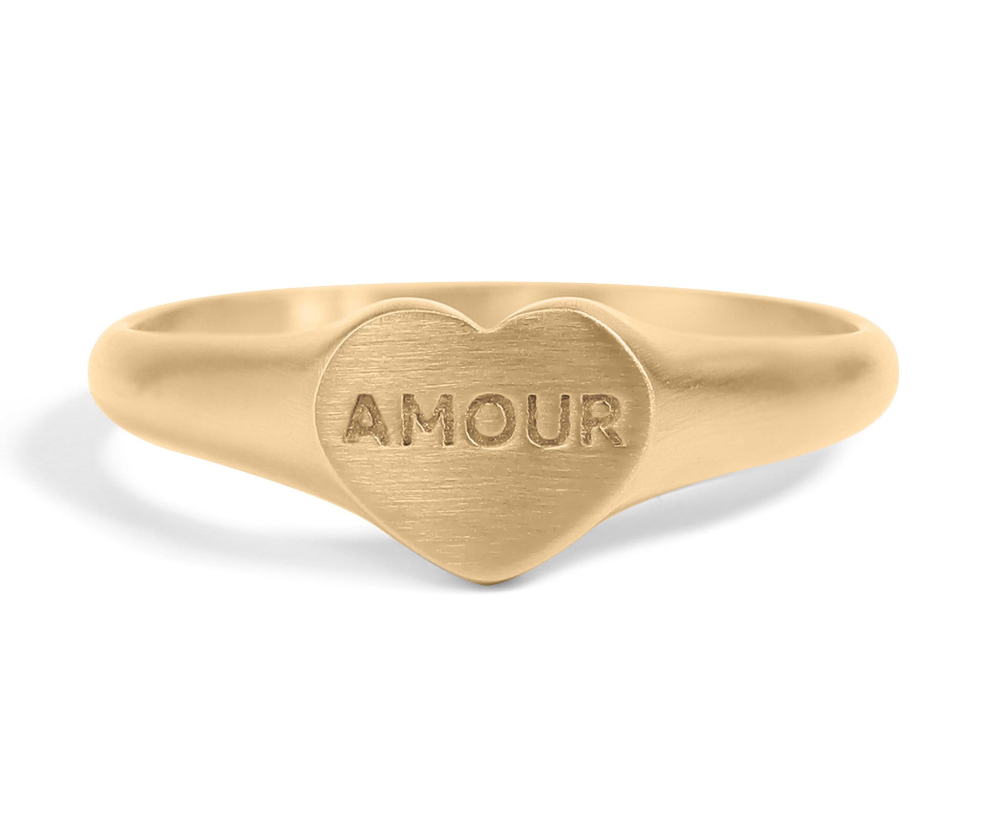 Heart shape signet ring with "amour" engraved in the center of the heart