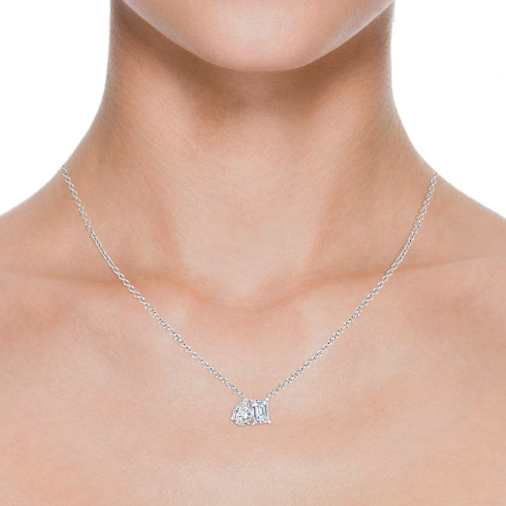 Lab-Grown Diamond Pendant – Two-Stone Pendant with Emerald Cut & Pear Shaped Diamonds in 14K White Gold