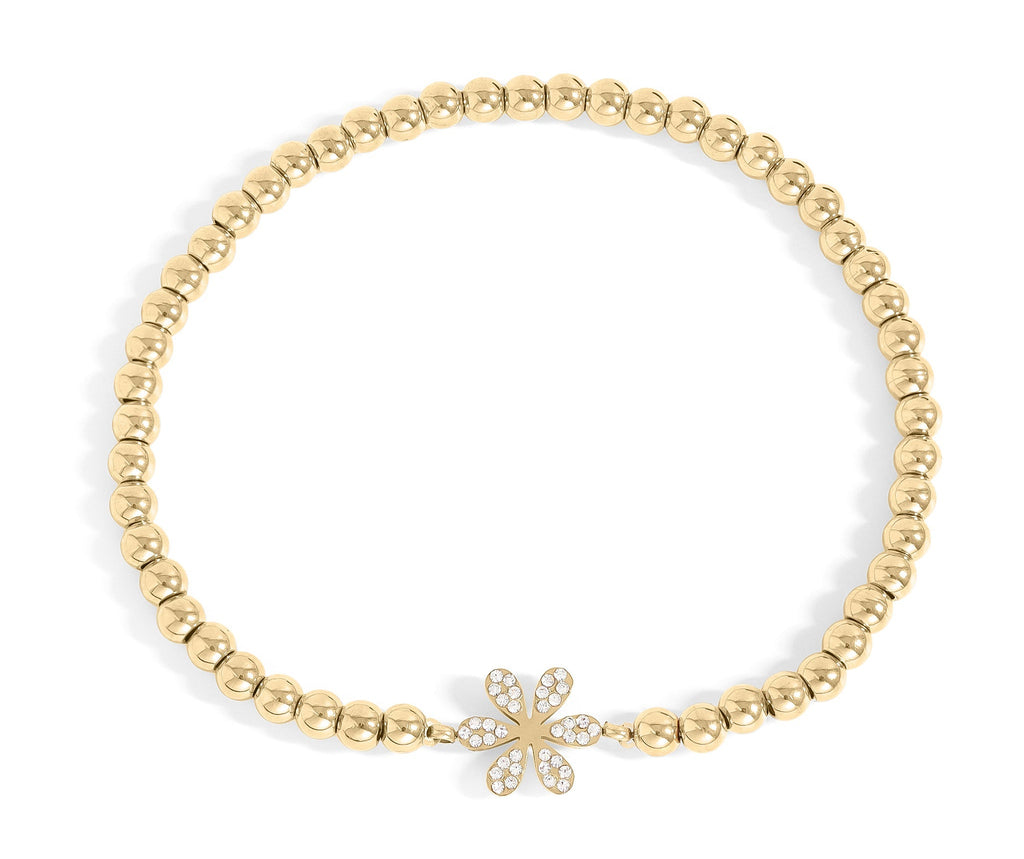 Gold Beaded Bracelet – 18K Gold Stretch Bracelet With Flower Charm