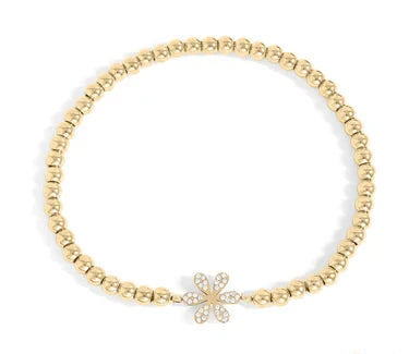 18K Gold PVD Stainless Steel Stone Flower Metal Beaded Stretch Bracelet