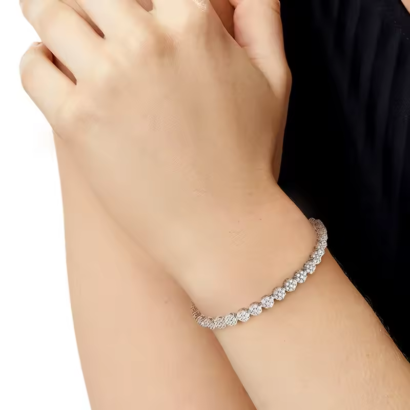 Moissanite Tennis Bracelet – 14K Gold Overlay | Flower Cut Stones | 7.25 Inch Elegant Design