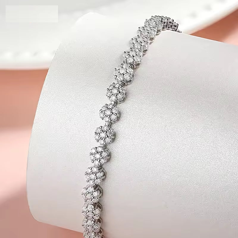 Moissanite Tennis Bracelet – 14K Gold Overlay | Flower Cut Stones | 7.25 Inch Elegant Design