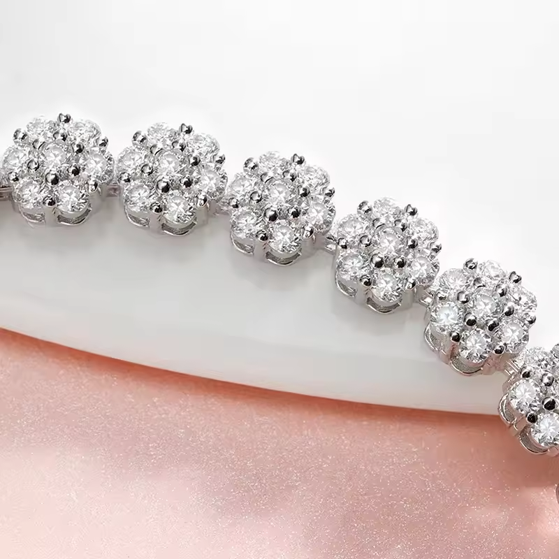Moissanite Tennis Bracelet – 14K Gold Overlay | Flower Cut Stones | 7.25 Inch Elegant Design