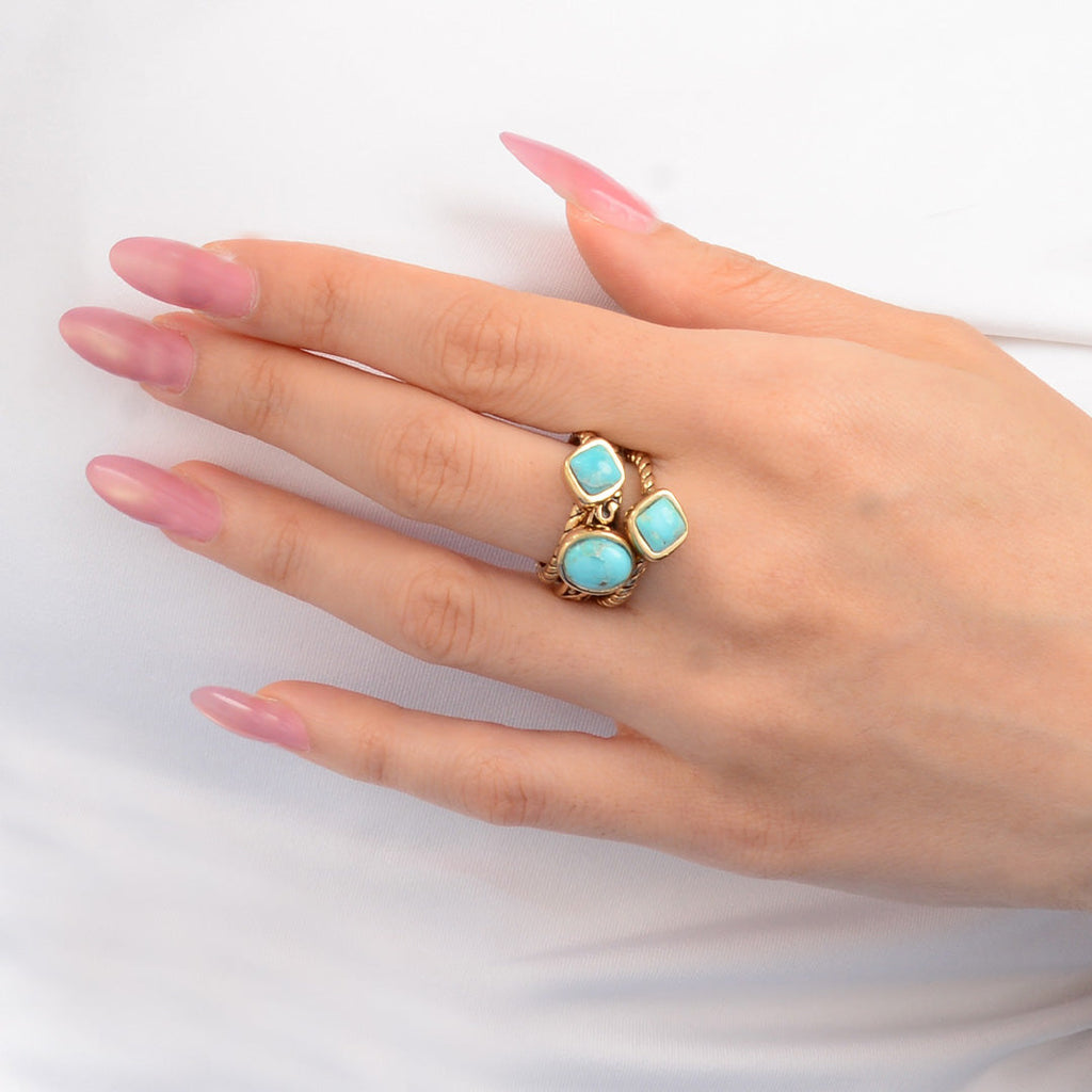 Multi-Shape Blue Turquoise and Golden Trio Ring Set