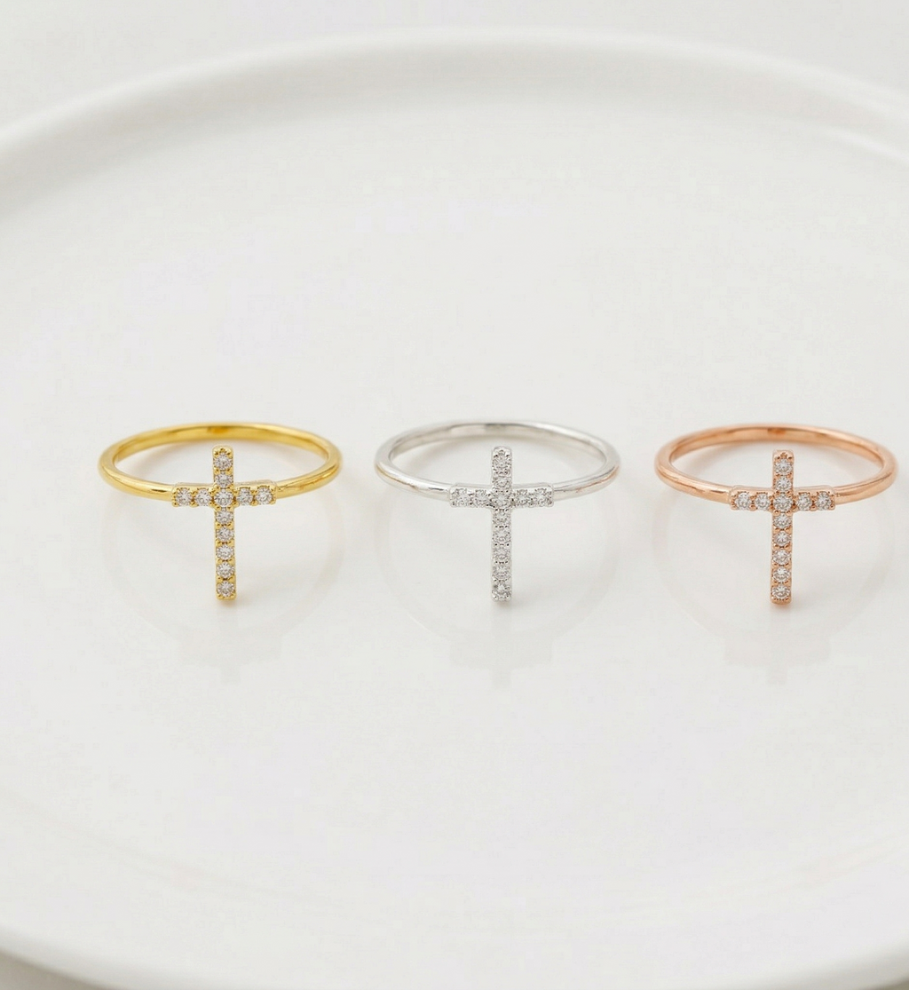 Sterling Silver Cross Ring, 925 Sterling Silver Diamond Accent