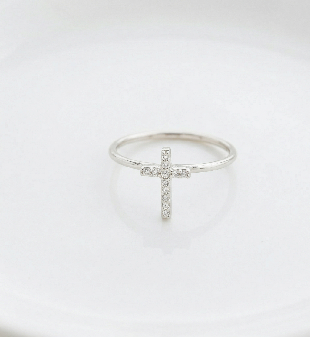 Sterling Silver Cross Ring, 925 Sterling Silver Diamond Accent
