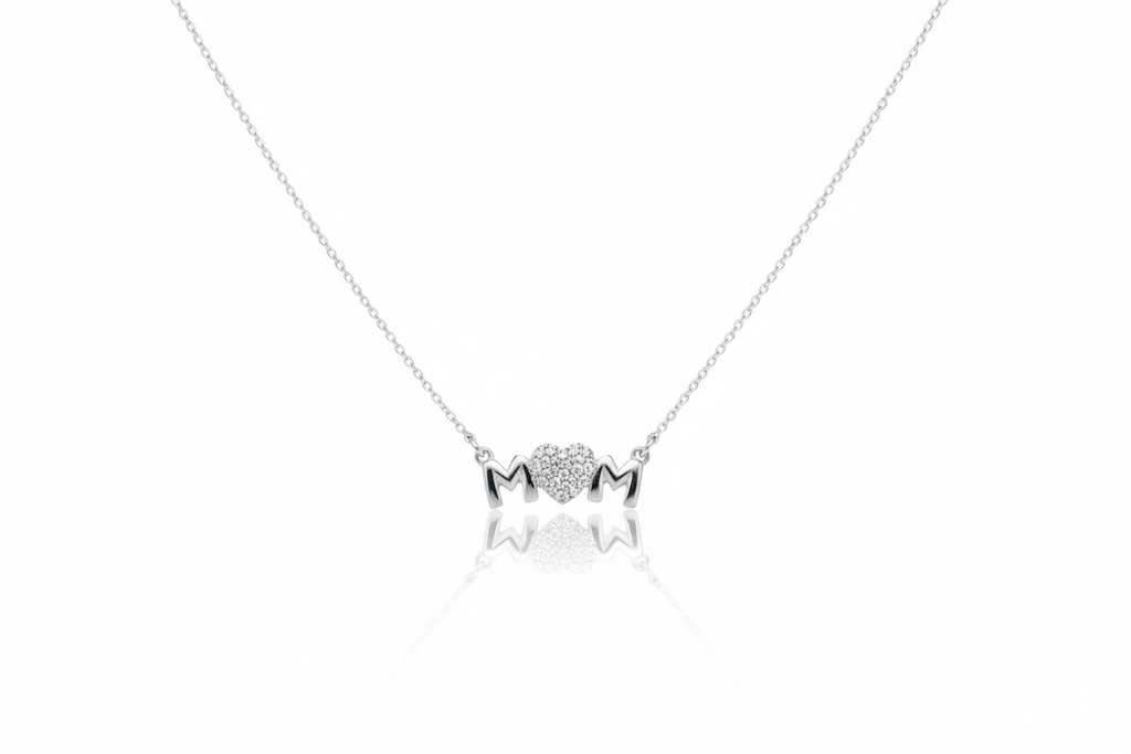 Sterling Silver Mom Necklace, Sparkling Diamond Heart Pendant