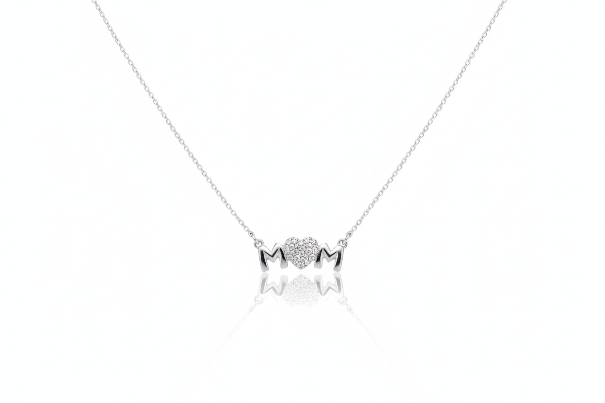 Sterling Silver Mom Necklace, Sparkling Diamond Heart Pendant