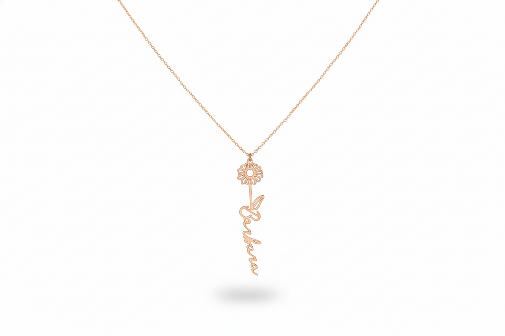 Birth Flower Name Necklace, Sterling Silver Floral Necklace