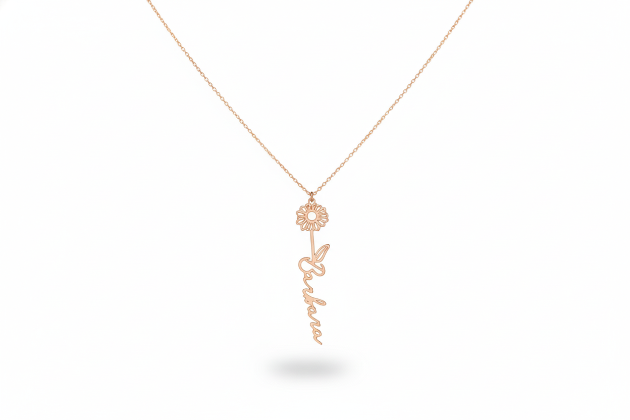 Birth Flower Name Necklace, Sterling Silver Floral Necklace
