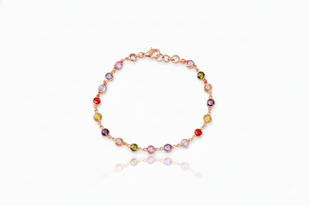 Rainbow Baguette Bracelet, 925 Sterling Silver Multi-Station