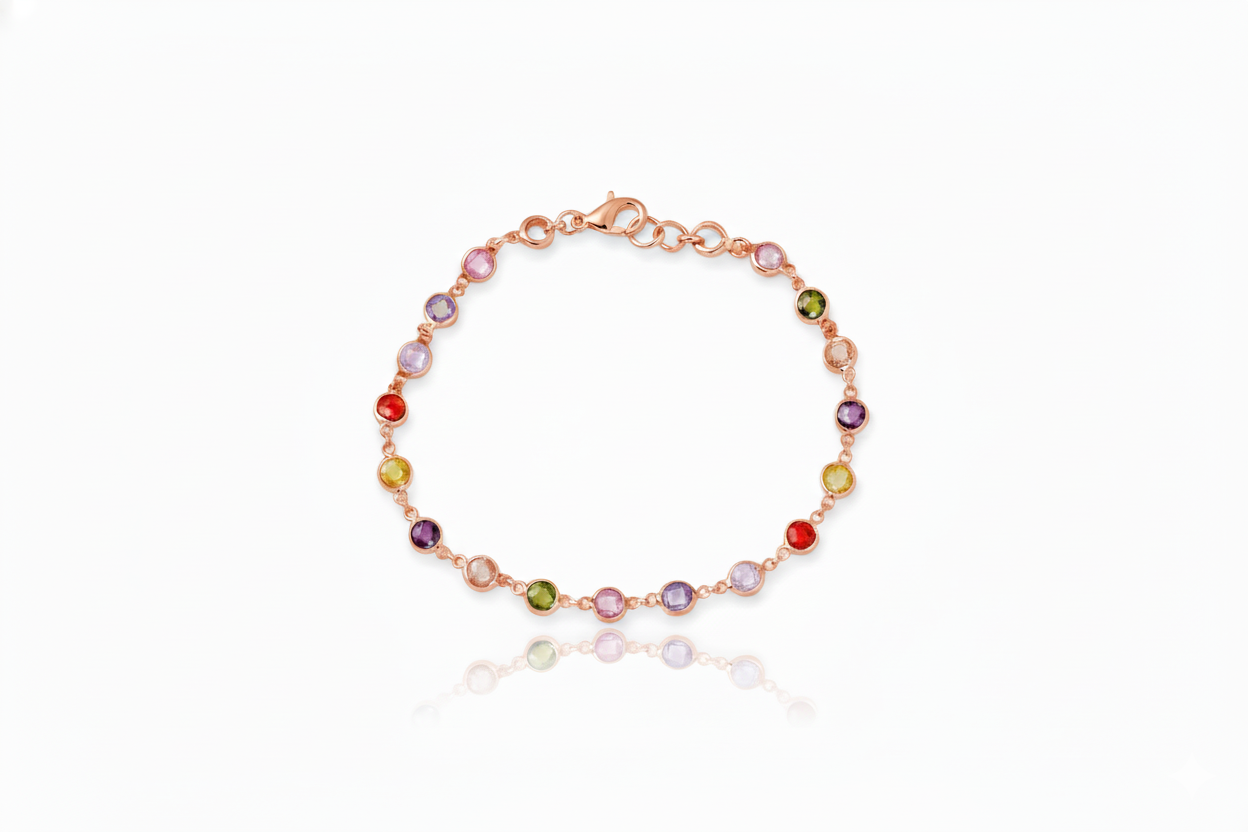 Rainbow Baguette Bracelet, 925 Sterling Silver Multi-Station