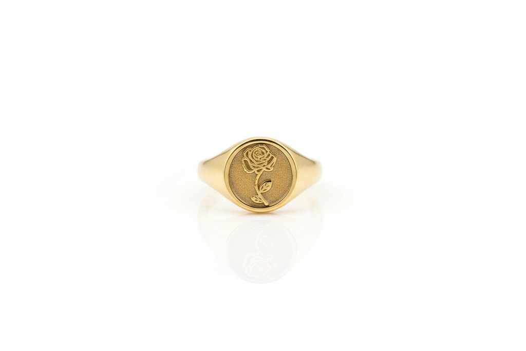 Birth Flower Signet Ring, 14K Gold Vermeil Floral Engraved Ring