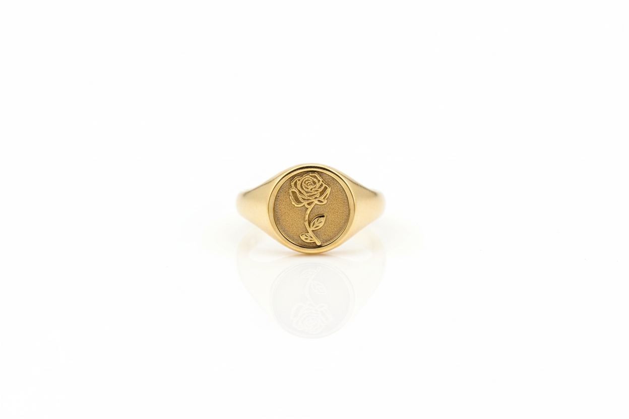 Birth Flower Signet Ring, 14K Gold Vermeil Floral Engraved Ring