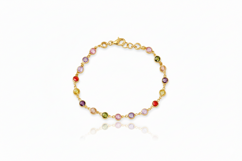 Rainbow Baguette Bracelet, 925 Sterling Silver Multi-Station