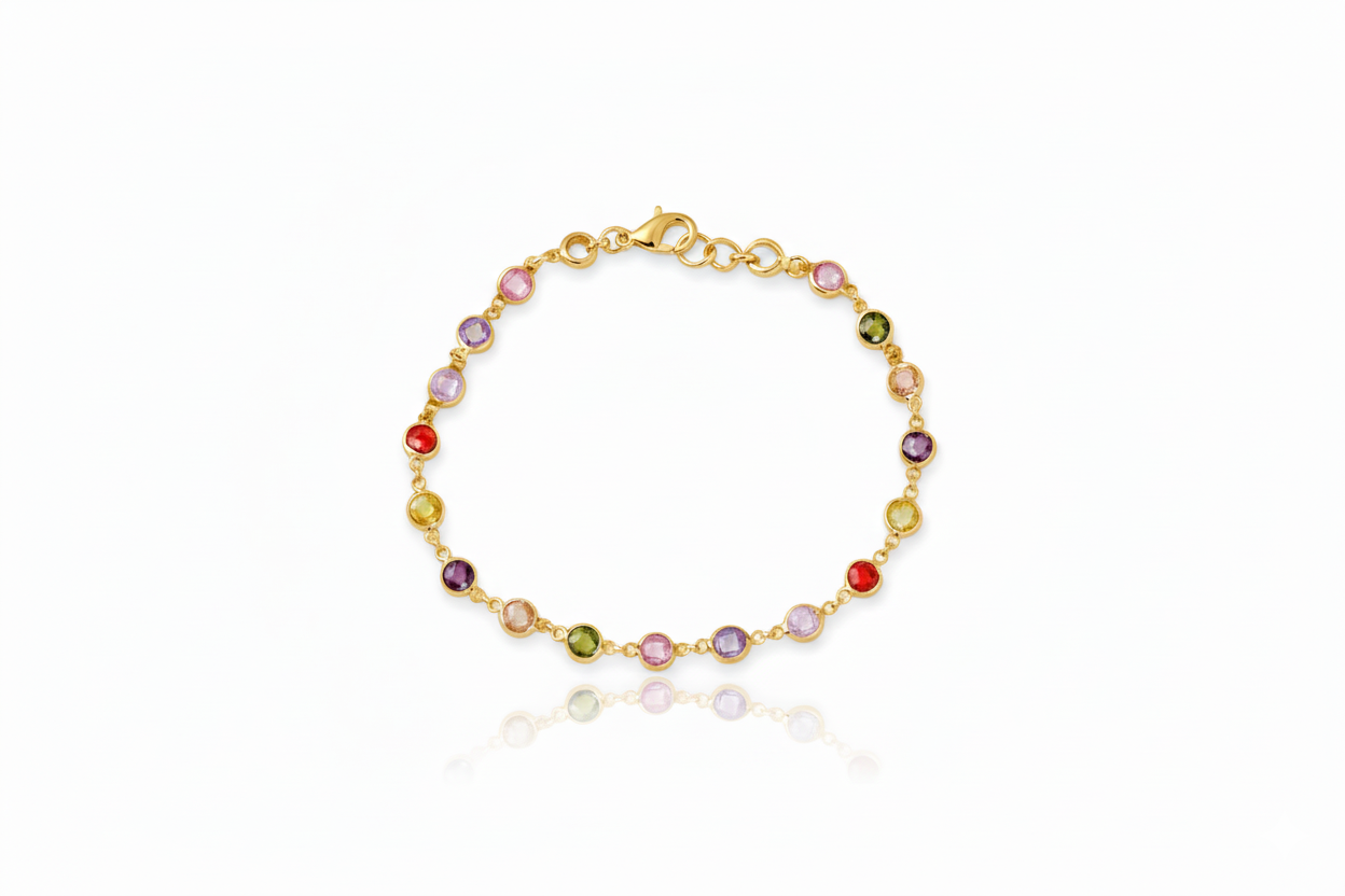 Rainbow Baguette Bracelet, 925 Sterling Silver Multi-Station