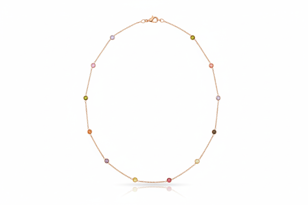 Rainbow Gemstone Necklace, 925 Sterling Silver Dainty Necklace