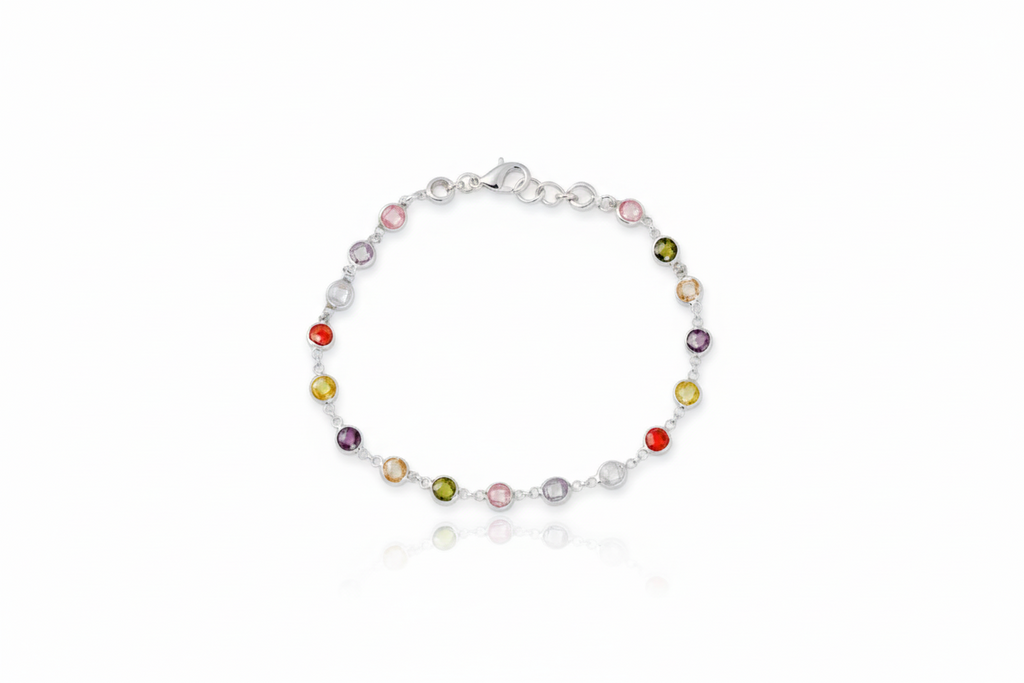 Rainbow Baguette Bracelet, 925 Sterling Silver Multi-Station
