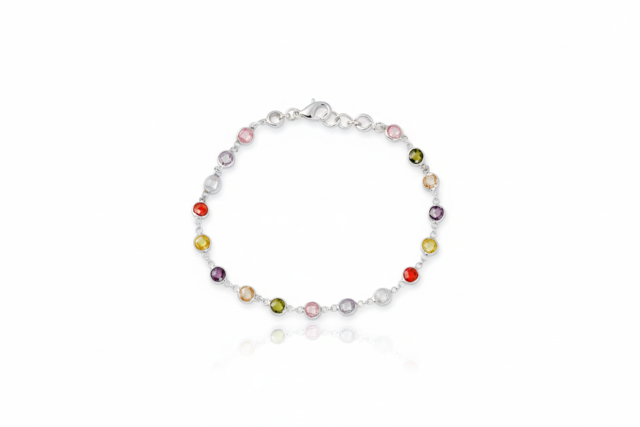 Rainbow Baguette Bracelet, 925 Sterling Silver Multi-Station