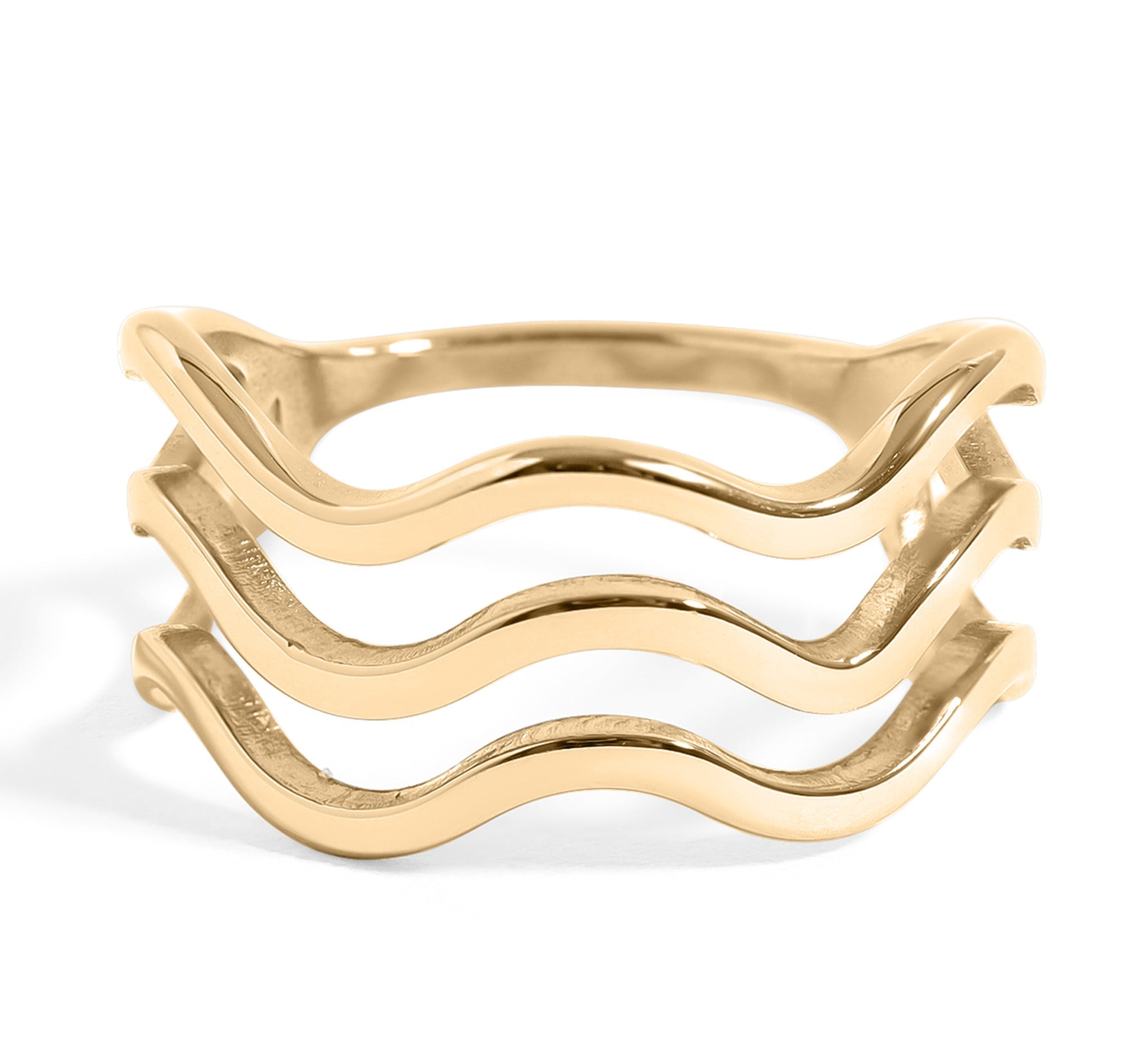 Gold Geometric Ring – 18K Gold Stainless Steel Triple Wave Band, Scratch Resistant