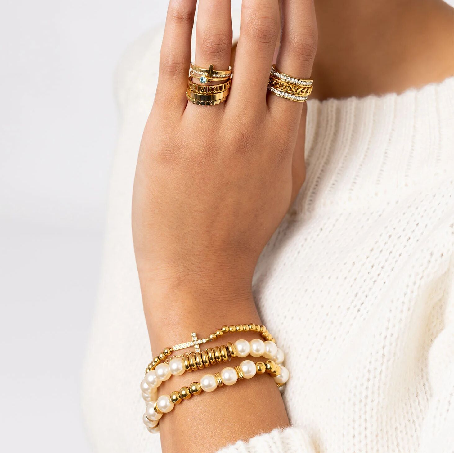 Gold Beaded Bracelet – Adjustable Stretch Band with Stone Cross Charm