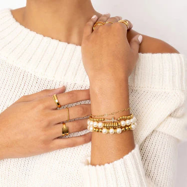 18K Gold PVD Stainless Steel Stone Cross Metal Beaded Stretch Bracelet