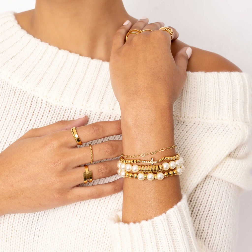 Gold Beaded Bracelet – Adjustable Stretch Band with Stone Cross Charm