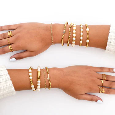 18K Gold PVD Stainless Steel Stone Cross Metal Beaded Stretch Bracelet