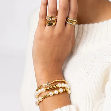 18K Gold PVD Stainless Steel Stone Cross Metal Beaded Stretch Bracelet