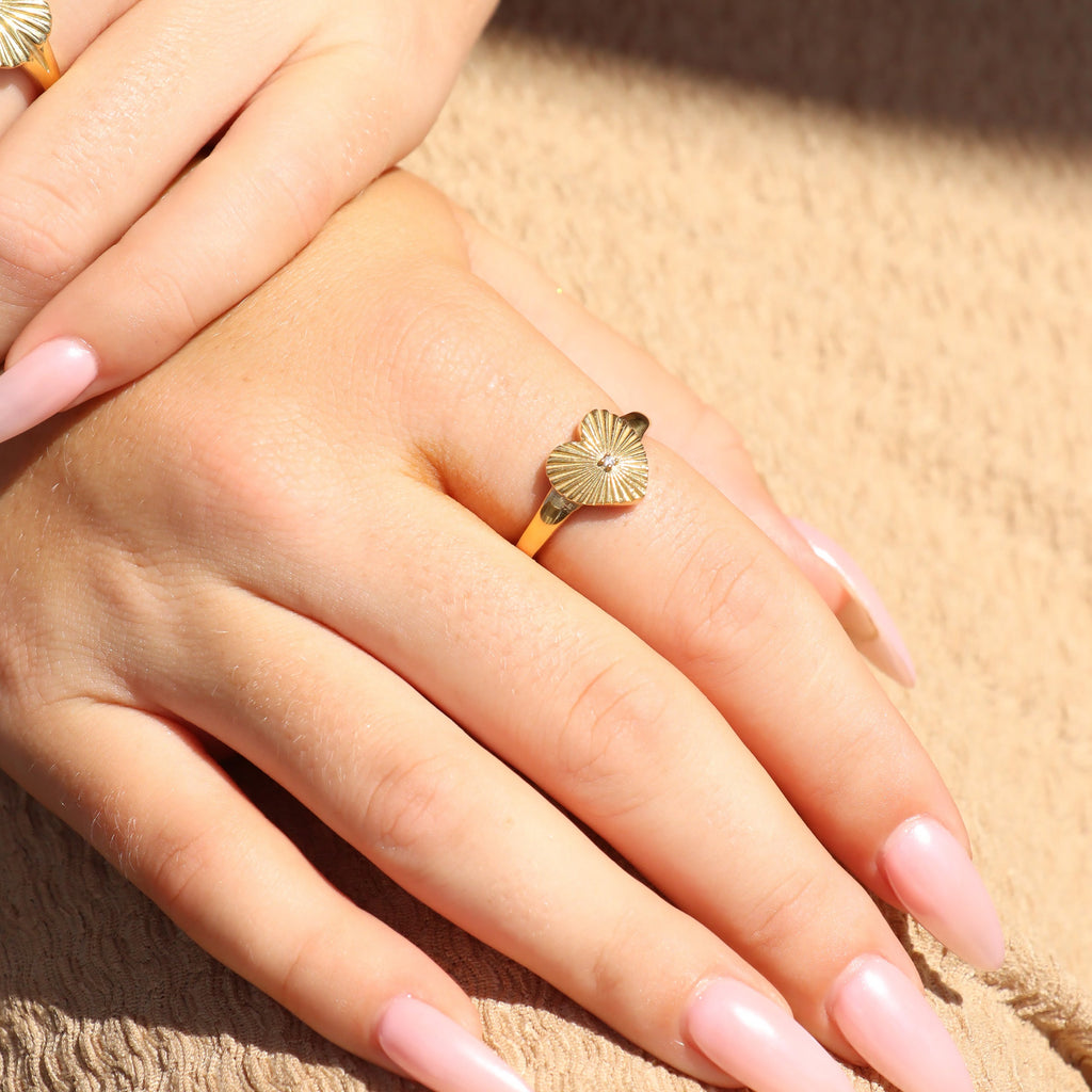 18K Gold PVD Stainless Steel Cubic Zirconia Sunburst Heart Ring