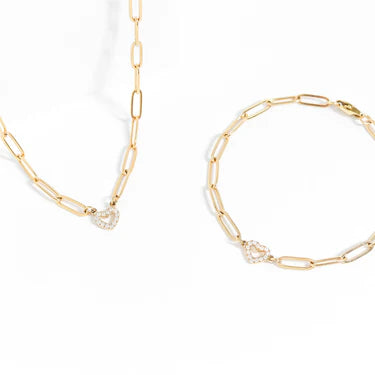 18K Gold PVD Stainless Steel Stone "Heart" Paperclip Chain Bracelet