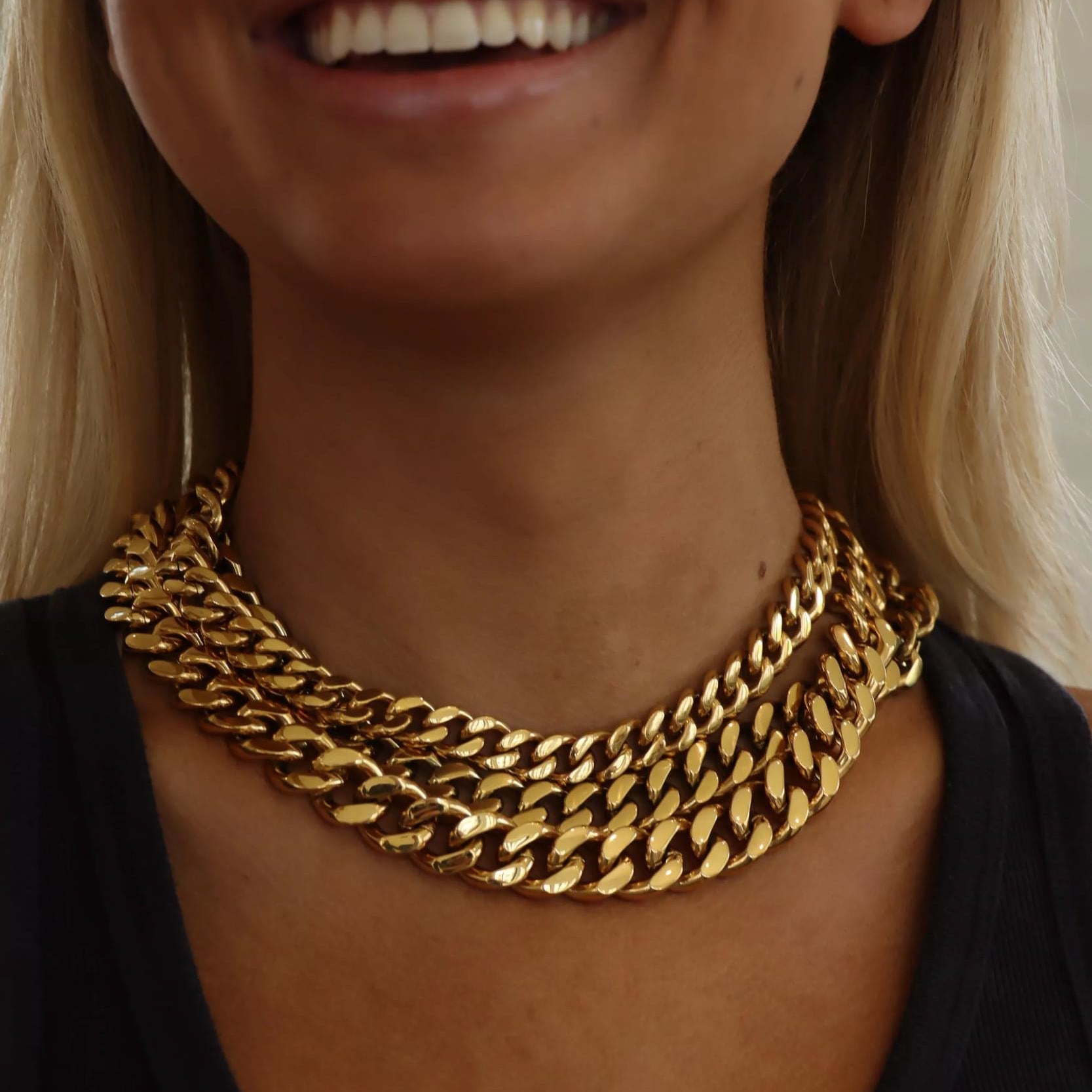 18K Gold Curb Chain – Diamond Cut Flat Stainless Steel Necklace with Lobster Claw Clasp