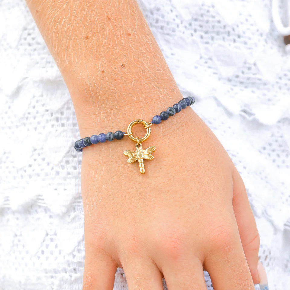 18K Gold PVD Stainless Steel Semi Precious Natural Stone Charm Keeper Bracelet ￼