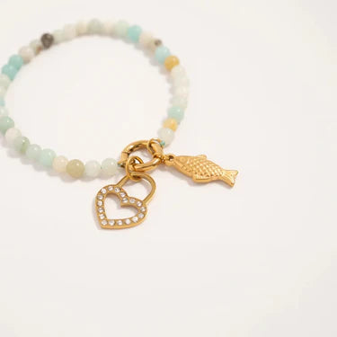 18K Gold PVD Stainless Steel Semi Precious Natural Stone Charm Keeper Bracelet ￼