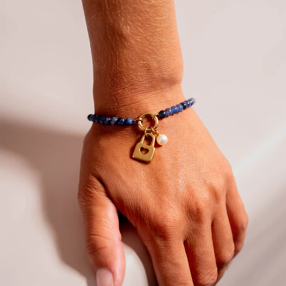 18K Gold PVD Stainless Steel Semi Precious Natural Stone Charm Keeper Bracelet ￼