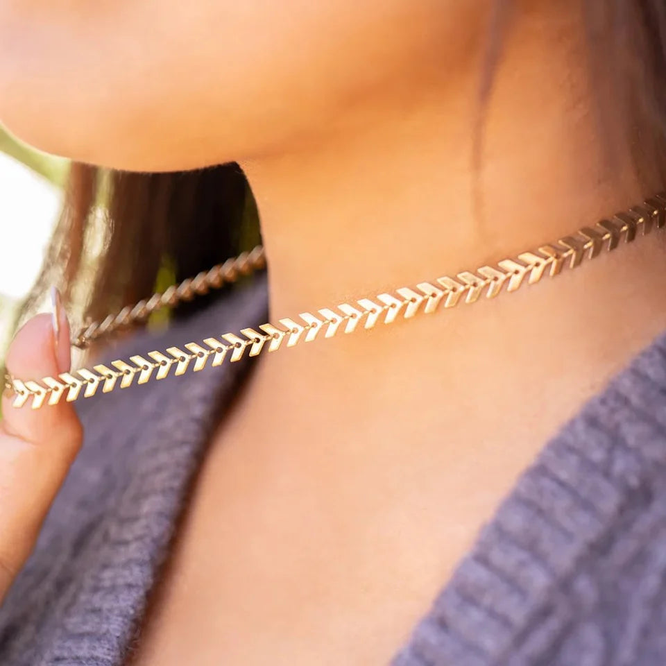 18K Gold PVD Stainless Steel Chevron Chain Necklace