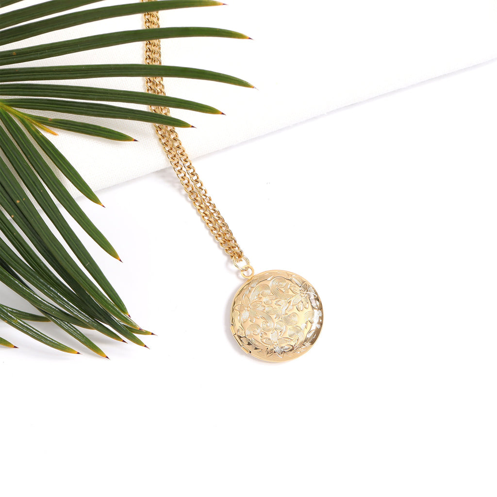 Gold Floral Locket – 18K Gold Jewelry | Round Keepsake Pendant, Hypoallergenic Charm