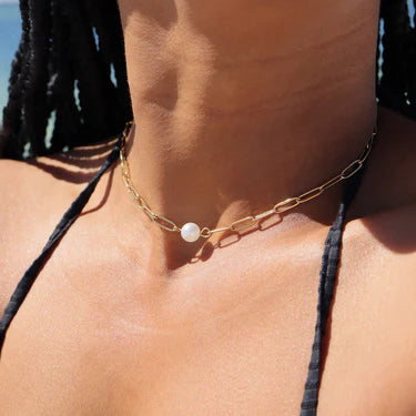 18K Gold PVD Stainless Steel Paperclip Necklace With Pearl