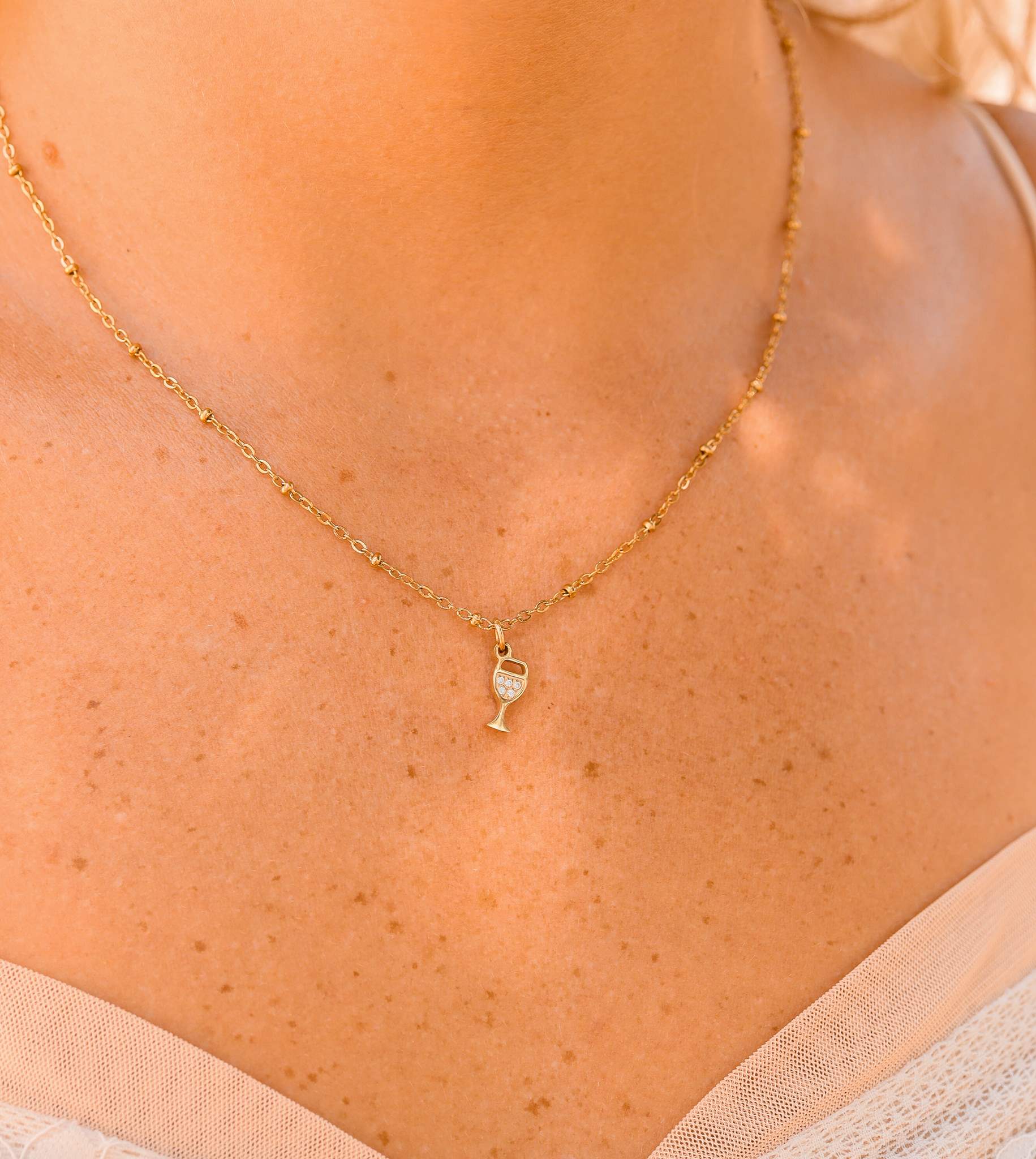 18K Gold Wine Charm – Stainless Steel CZ Pendant | PVD Coated Jewelry Accessory