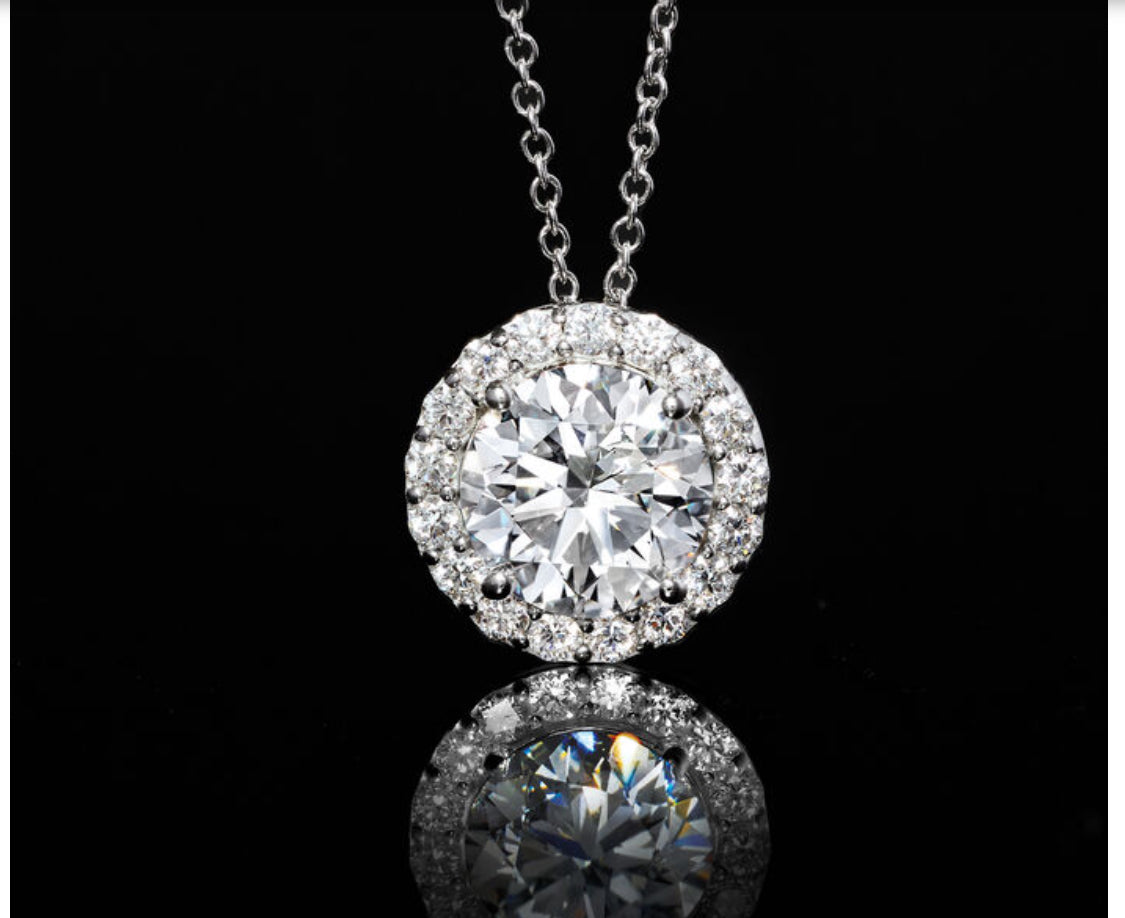 Lab Grown Diamond Necklace – 14kt Gold Jewelry Halo Pendant with AGI Certified Diamonds