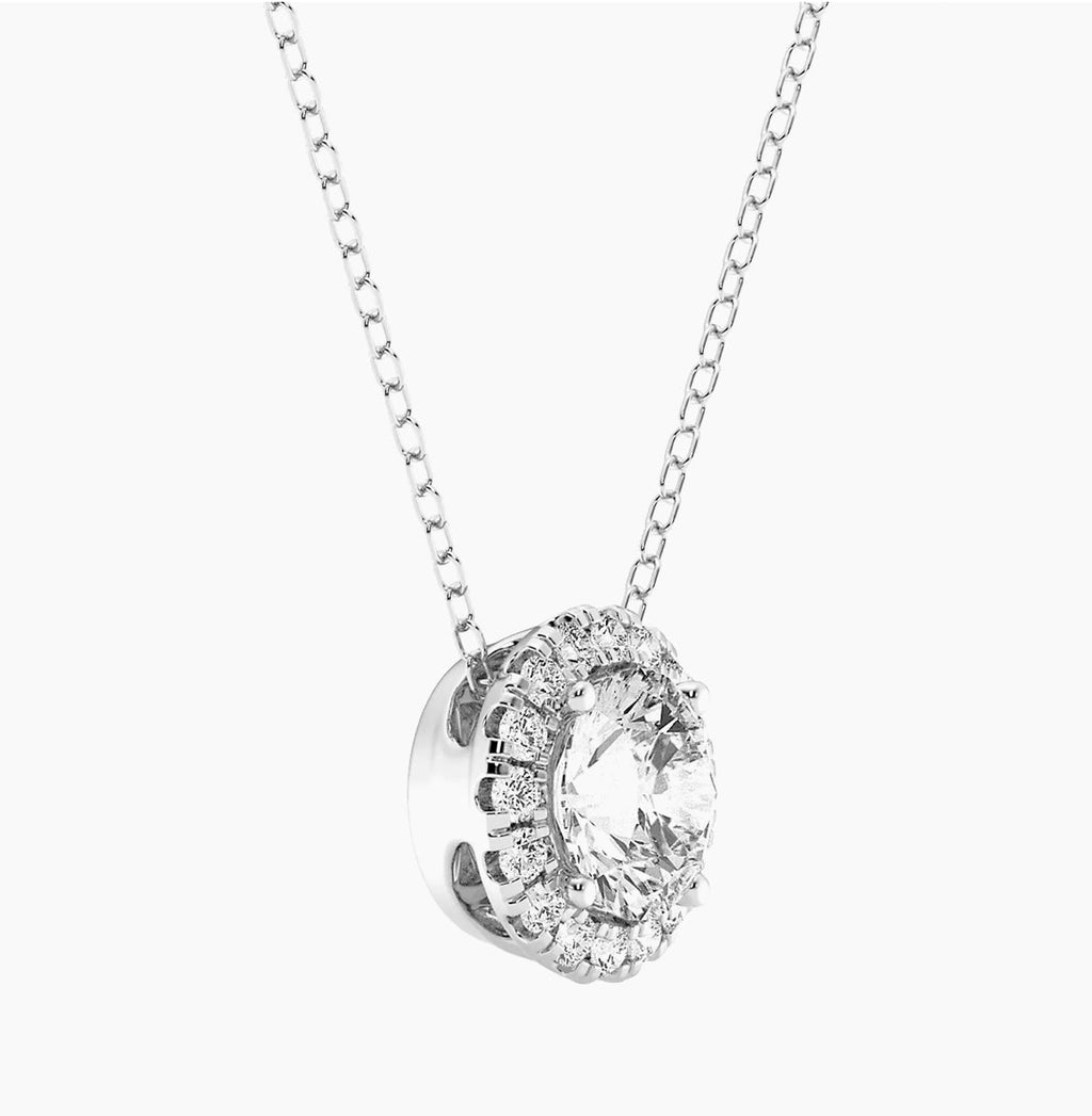 Lab Grown Diamond Necklace – 14kt Gold Jewelry Halo Pendant with AGI Certified Diamonds