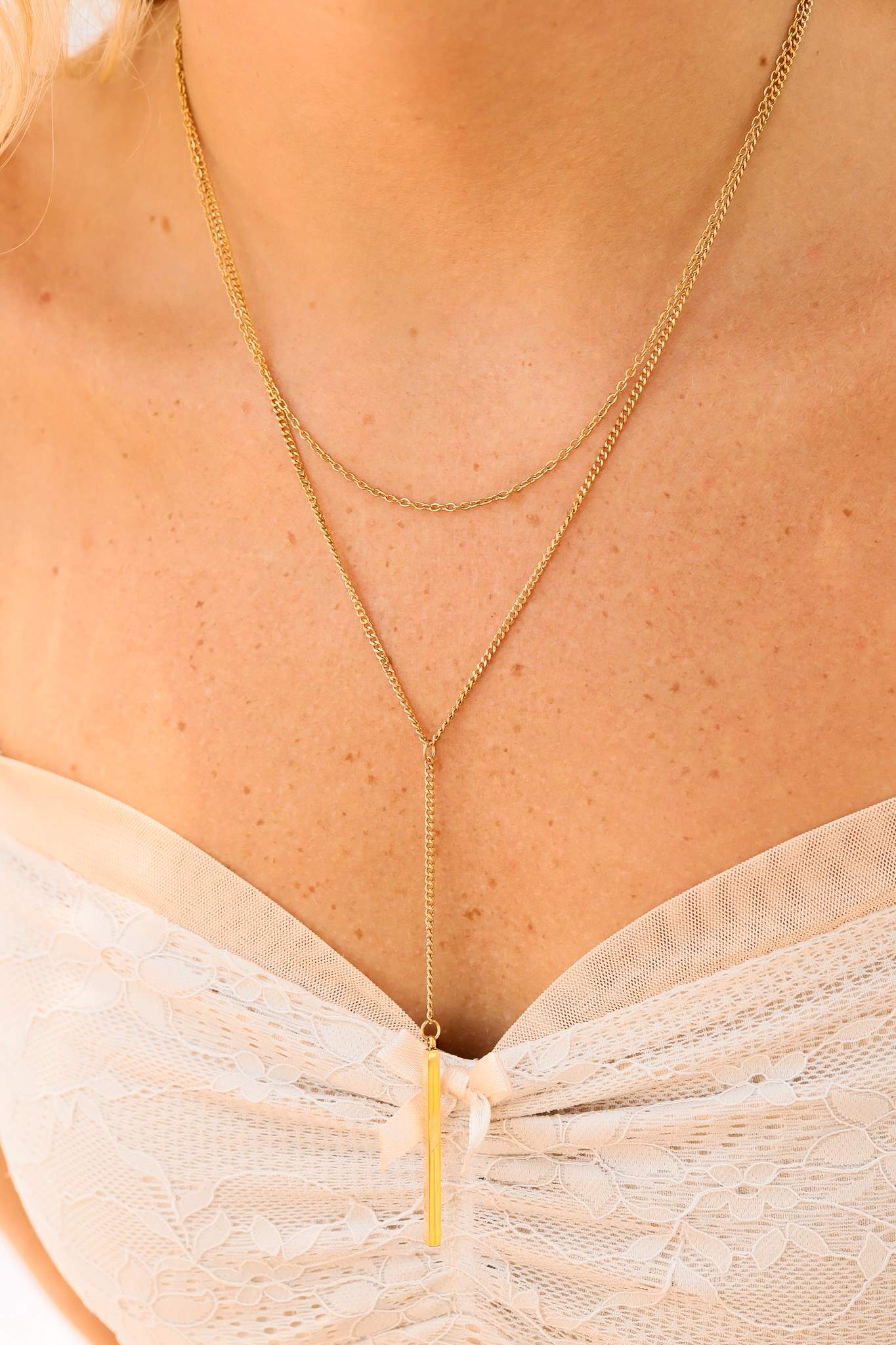 18K Gold Necklace – Layered Lariat Y-Shaped Bar Pendant | Stainless Steel Jewelry