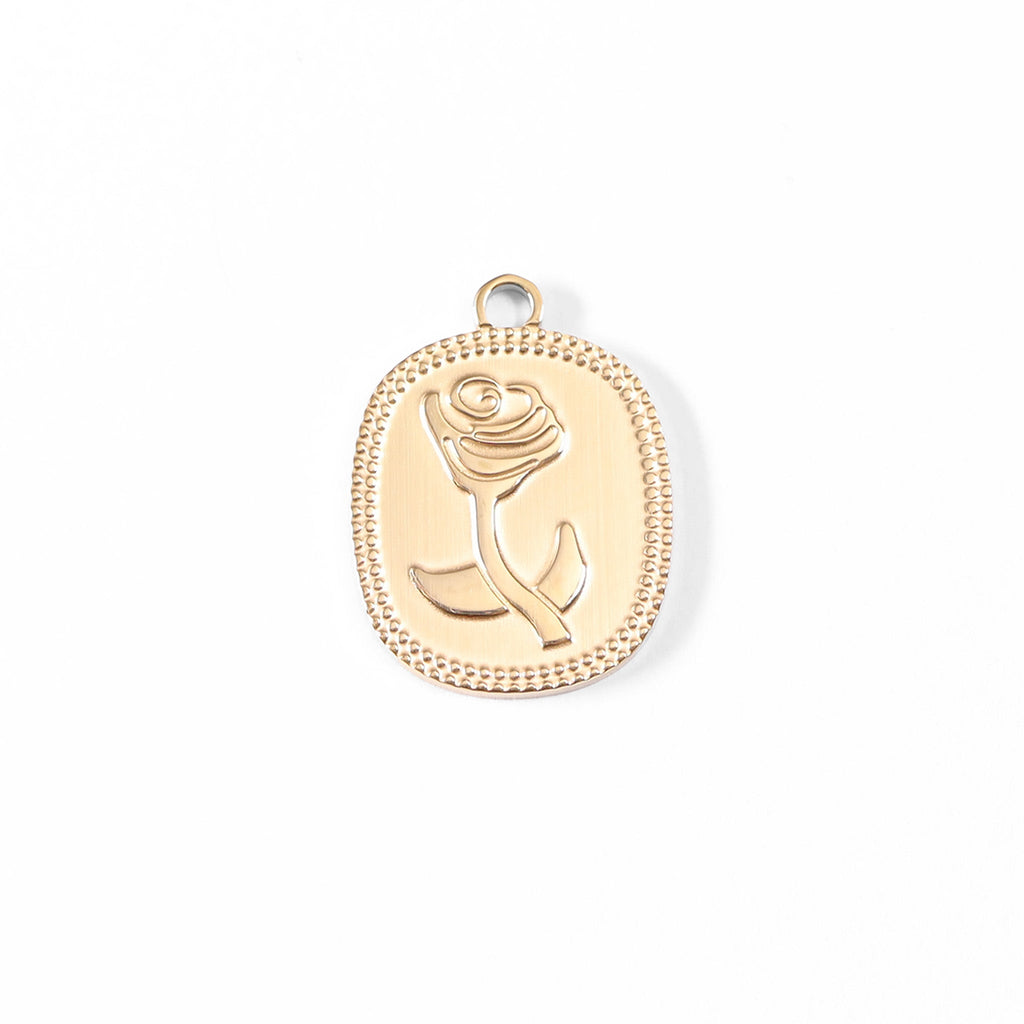 18K Gold Rose Charm – Waterproof Stainless Steel Rectangle Pendant, Hypoallergenic Jewelry